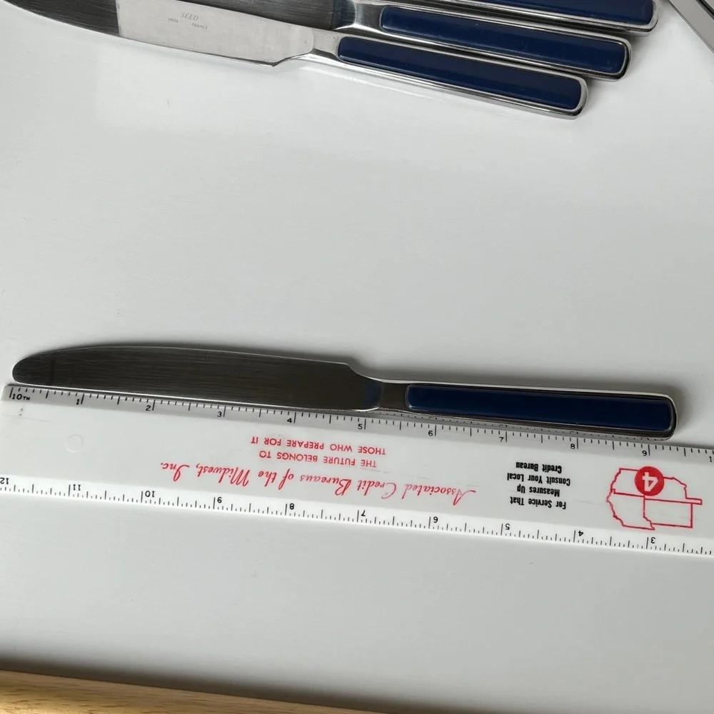 Set of 8 Seed Inox France Stainless Steel Dinner Knives Blue Handle